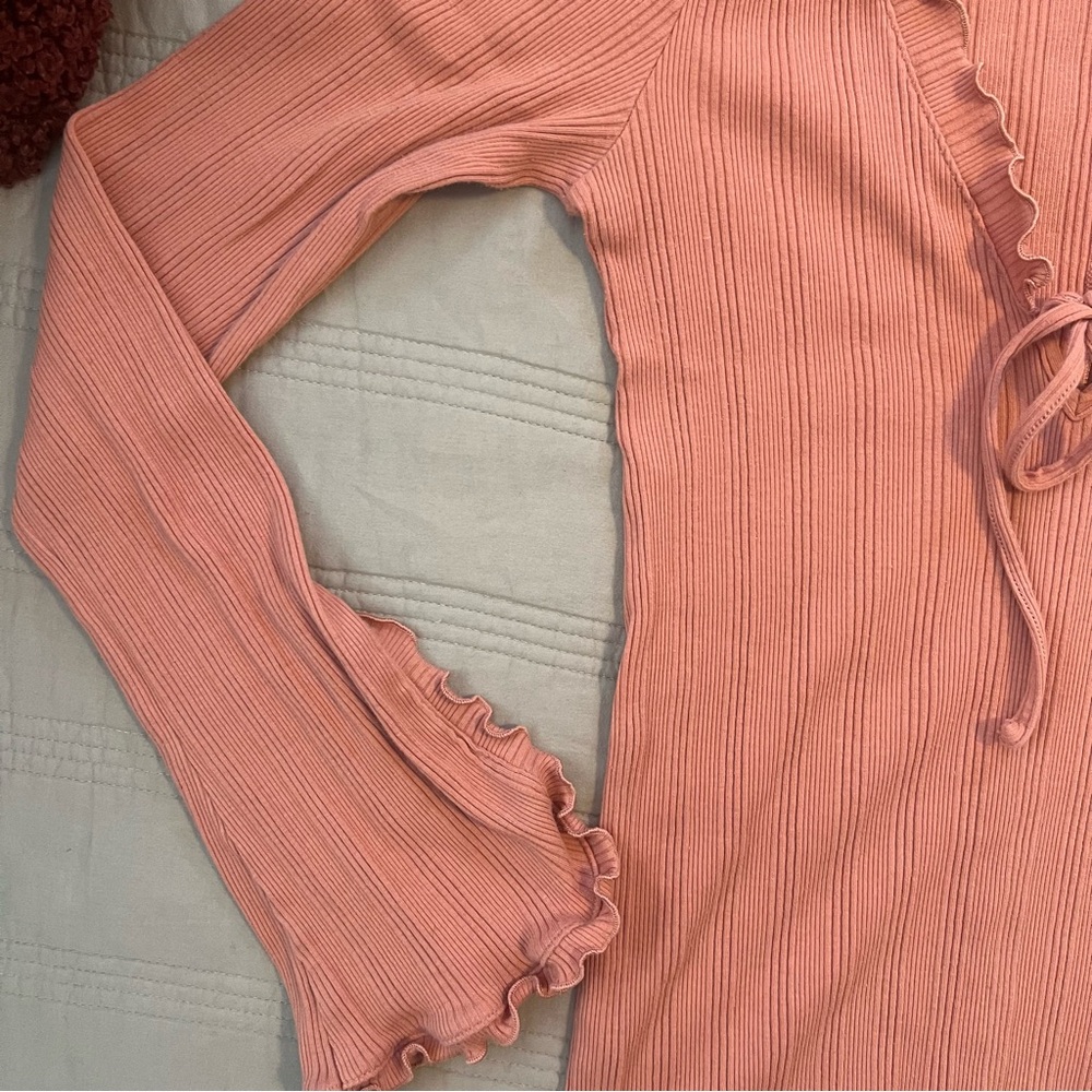 Intimately Free People Fall For You Ruffled Tie Front Ribbed Blouse Coral - Picture 8 of 9